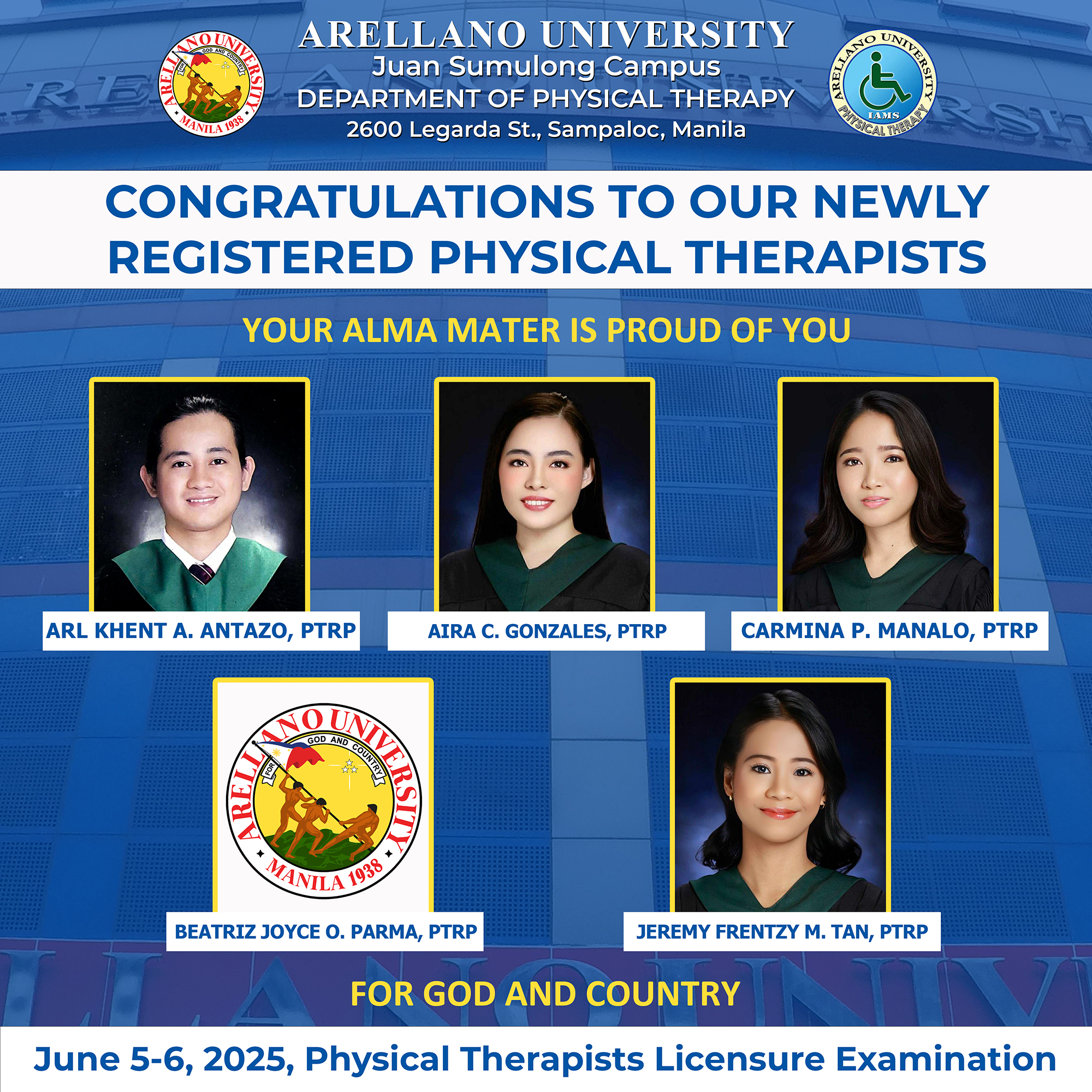 New PT Board Passers from AU Legarda Celebrates with 83.33% Passing Rate!