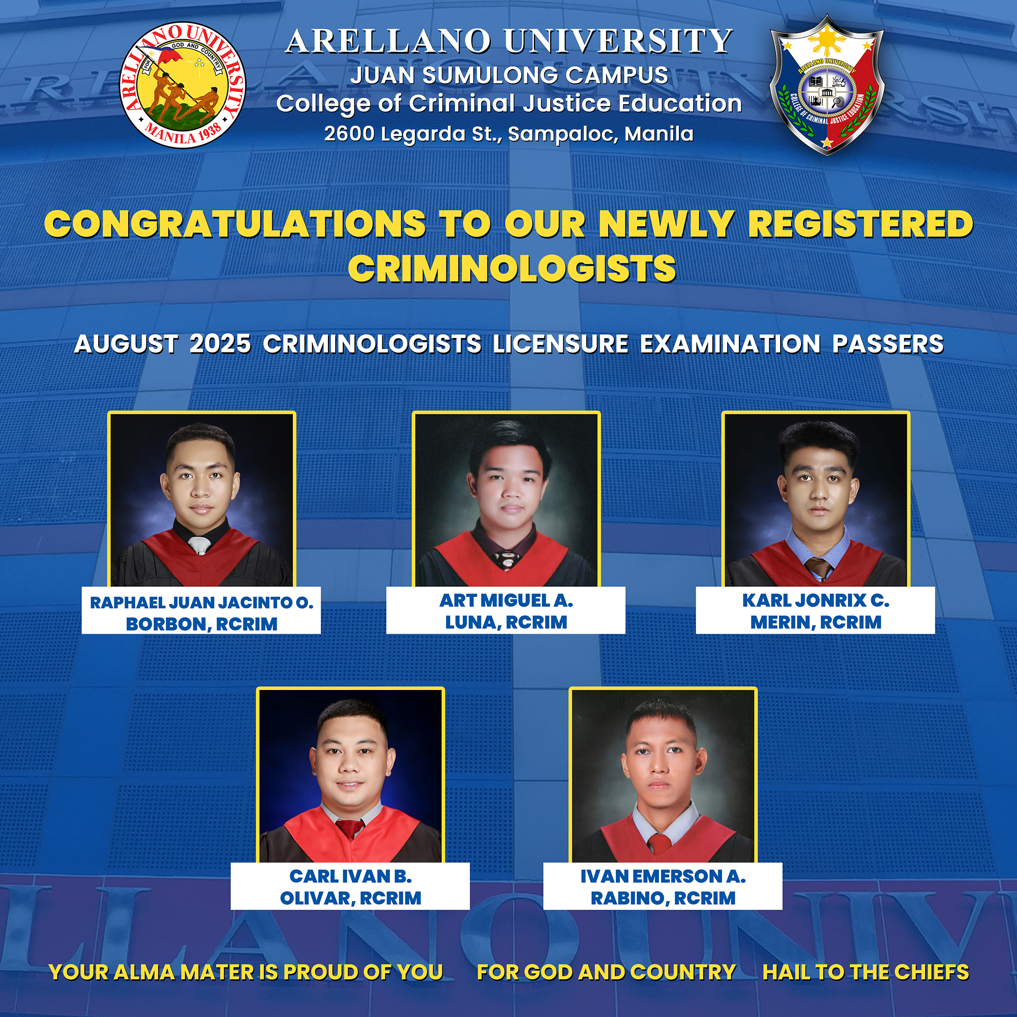 Five New Chiefs! Meet the New Registered Criminologists of AU-Juan Sumulong Campus!